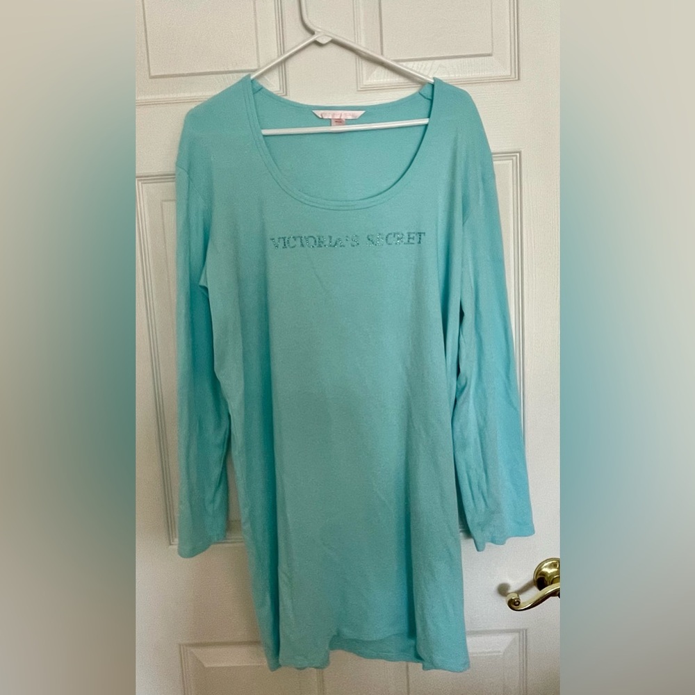Victoria’s Secret aqua long sleeve nightshirt with rhinestone logo, never worn